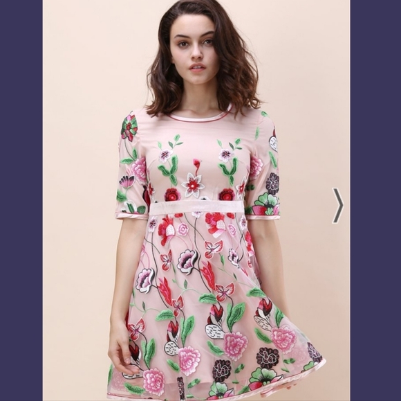 Chicwish embroidered pink mesh floral short dress Medium (fits size small) prom - Picture 4 of 16